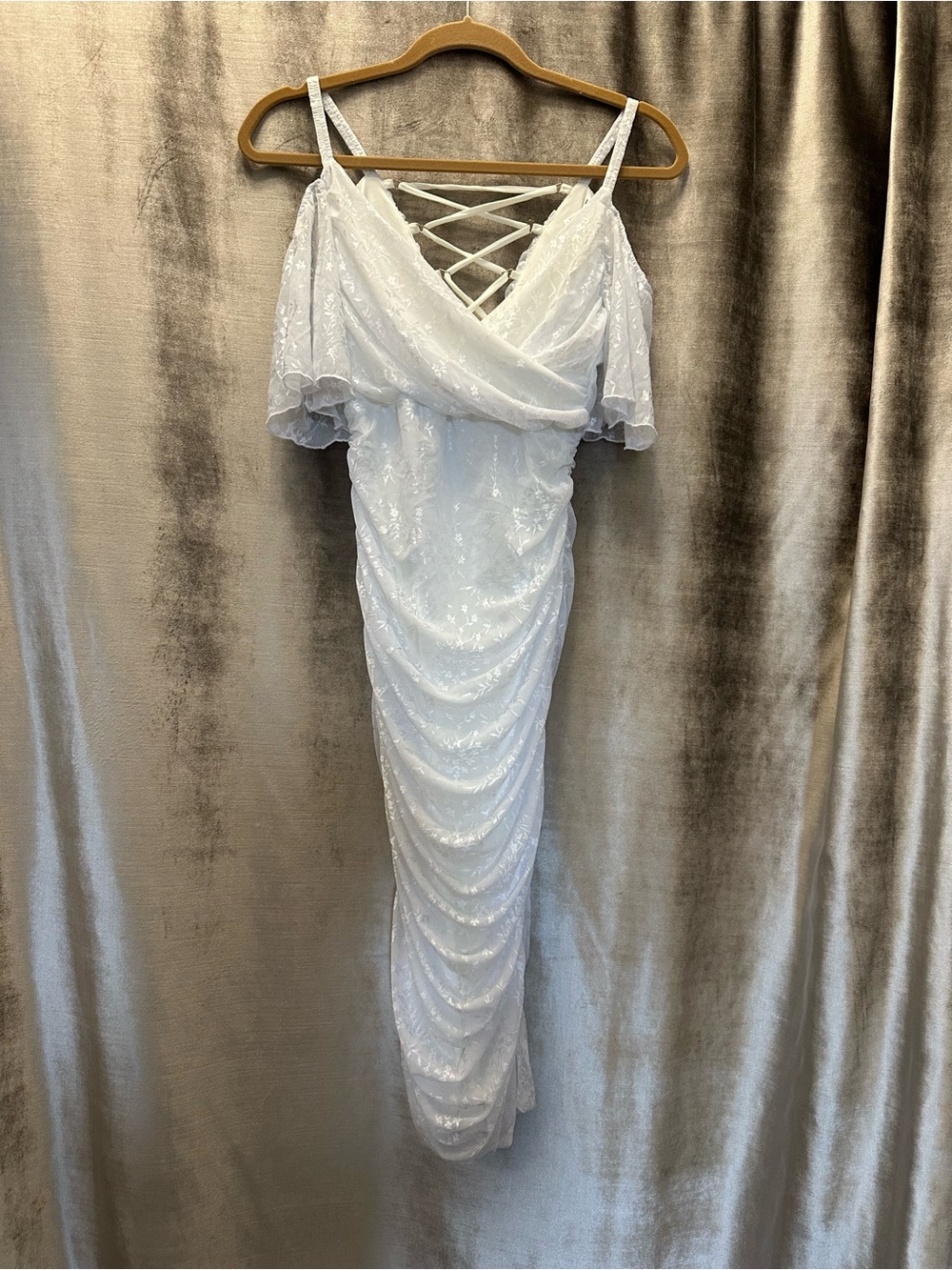 VENUS White lace Off-Shoulder Midi Dress with Crisscross Back